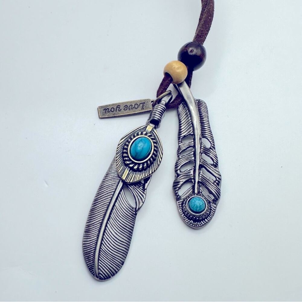 Boho Feather Necklace LOVE YOU tag Brown Bohemian Casual Western Jewelry